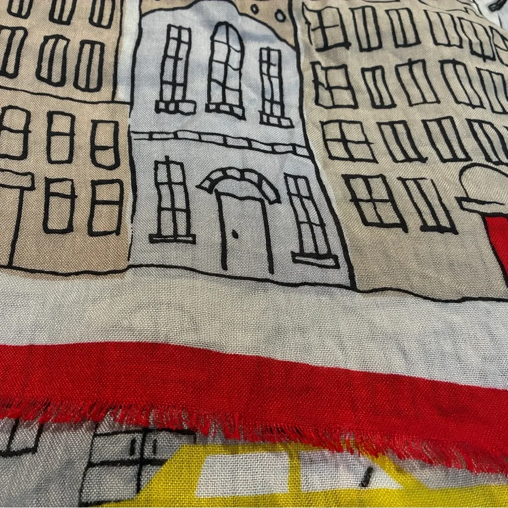Cityscape Print Scarf w/Red Accents Fringe 27x72 Preppy Architecture Fun Casual